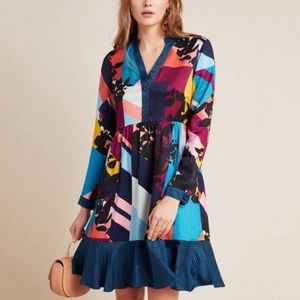Anthropologie Maeve Gillian Abstract Shirtdress Women’s Medium Pink Blue Yellow
